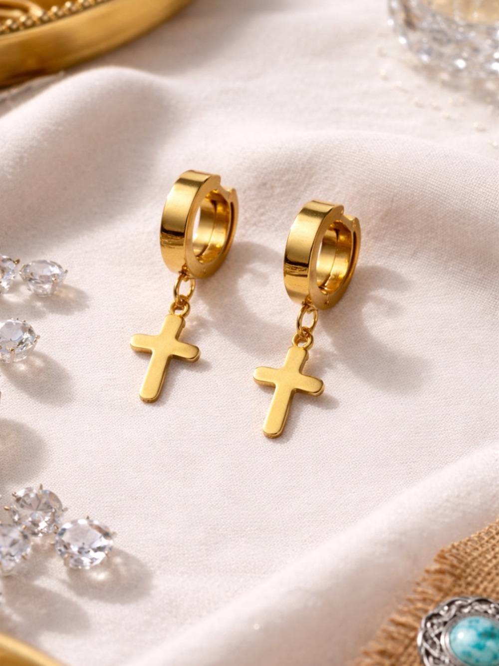 Gold Cross Huggie Drop Earrings - Unbranded